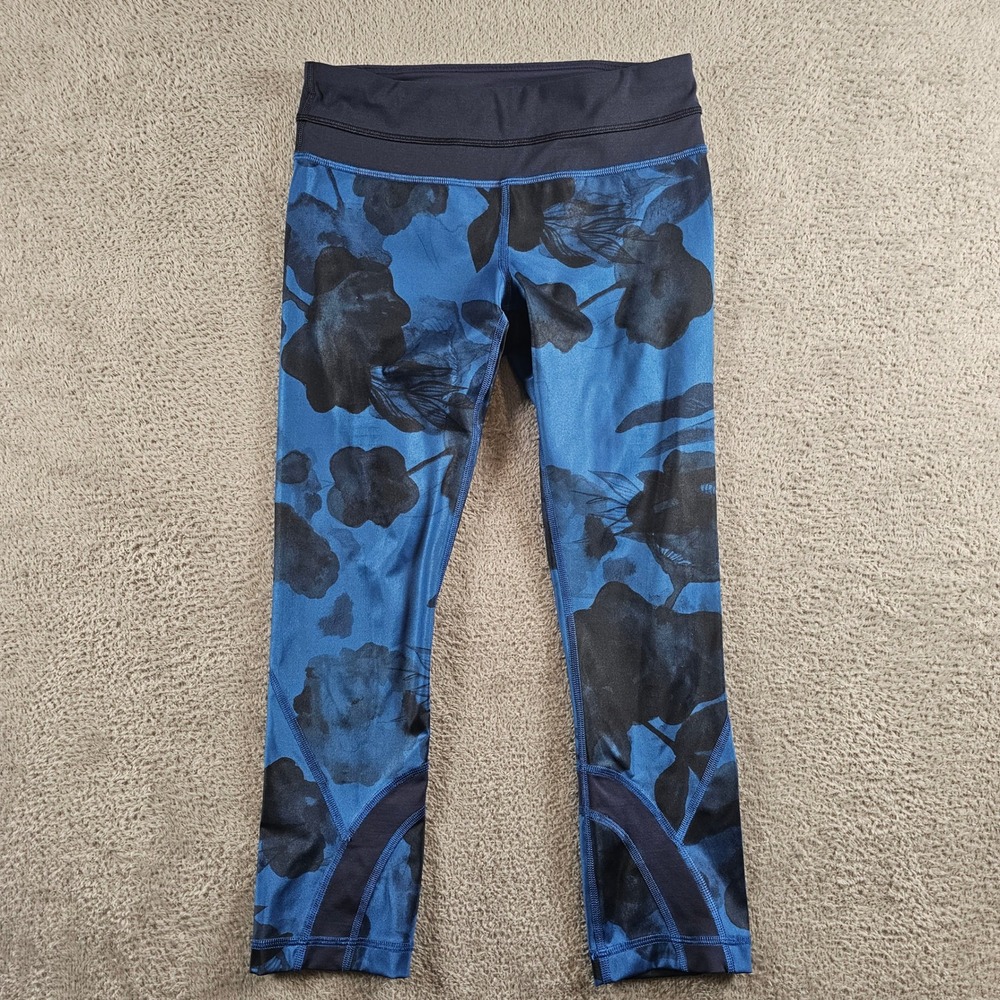Lululemon Blue Black Floral Print Crop Leggings Mesh Detail Size 4